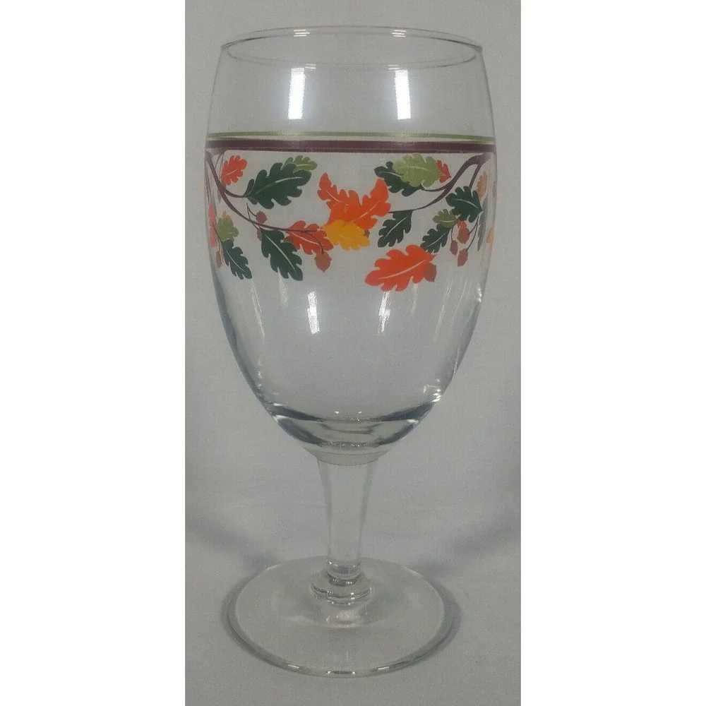 Libbey Crisa Oak Leaves Acorn Nuts Glass Water Goblet 16 Oz Vintage